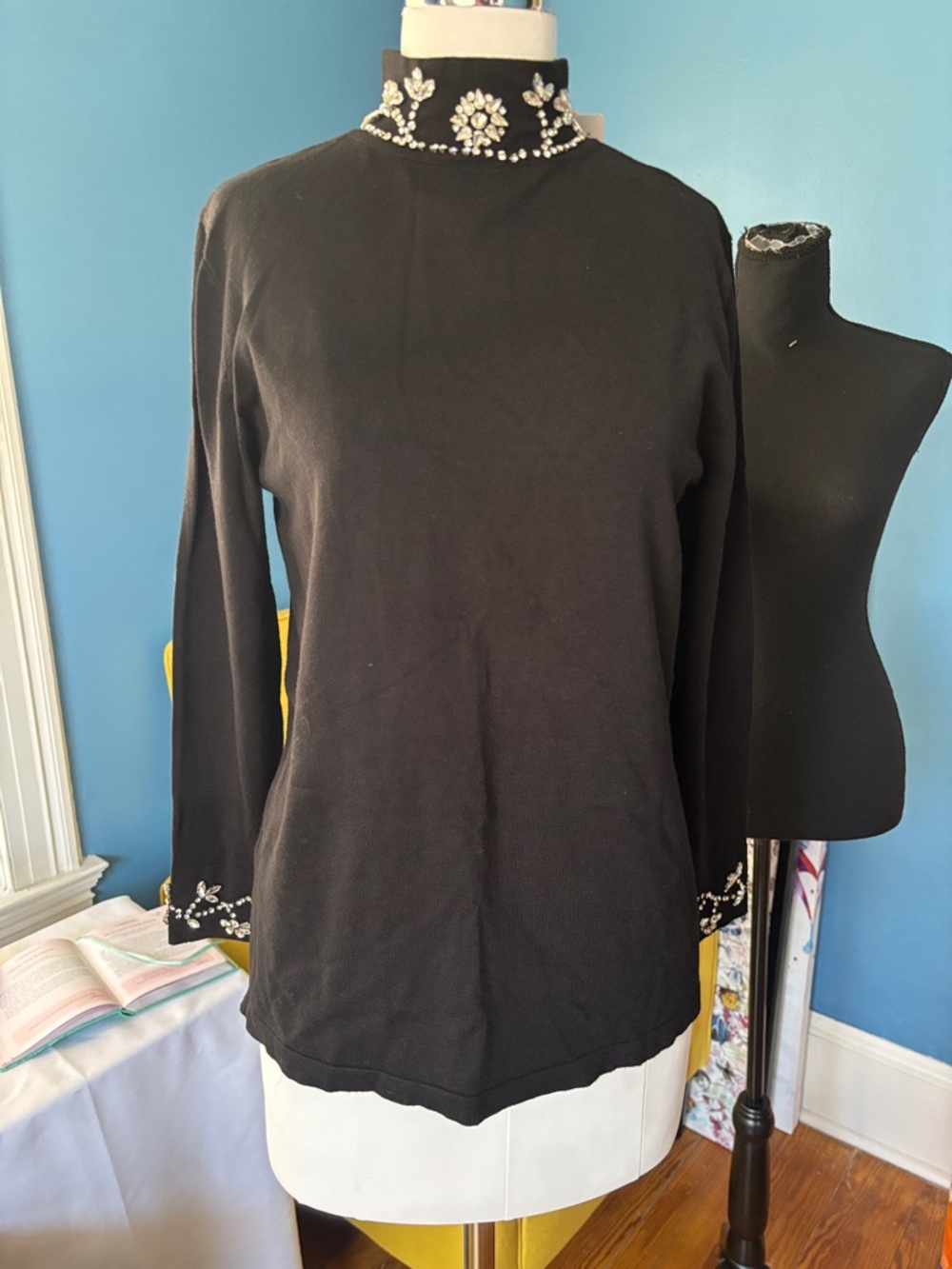 Anne Klein Black Mock Neck Embellished Long Sleeve Top size small